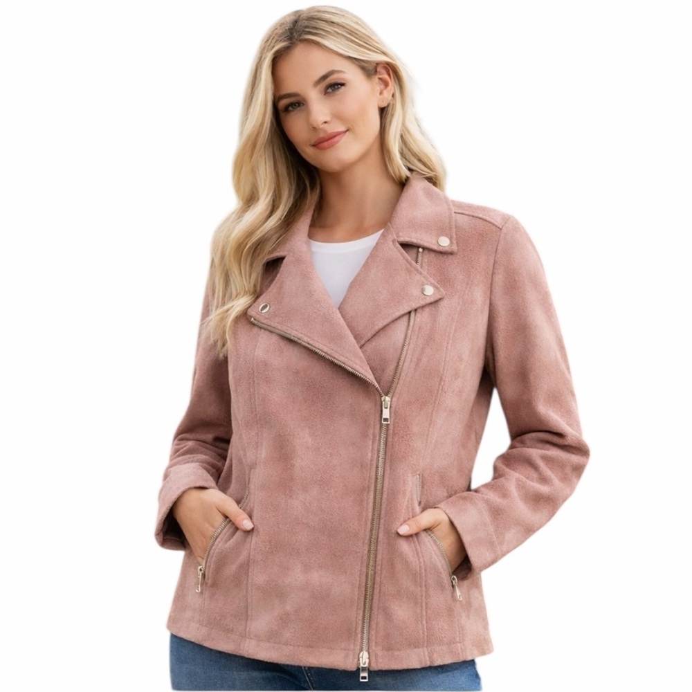 Chico’s Moto Jacket Womens 3 Blush Textured Faux Leather Y2K Biker